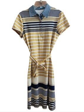 J. McLaughlin Striped Polo Tie-Waist Dress in Yellow, Navy And Cream
